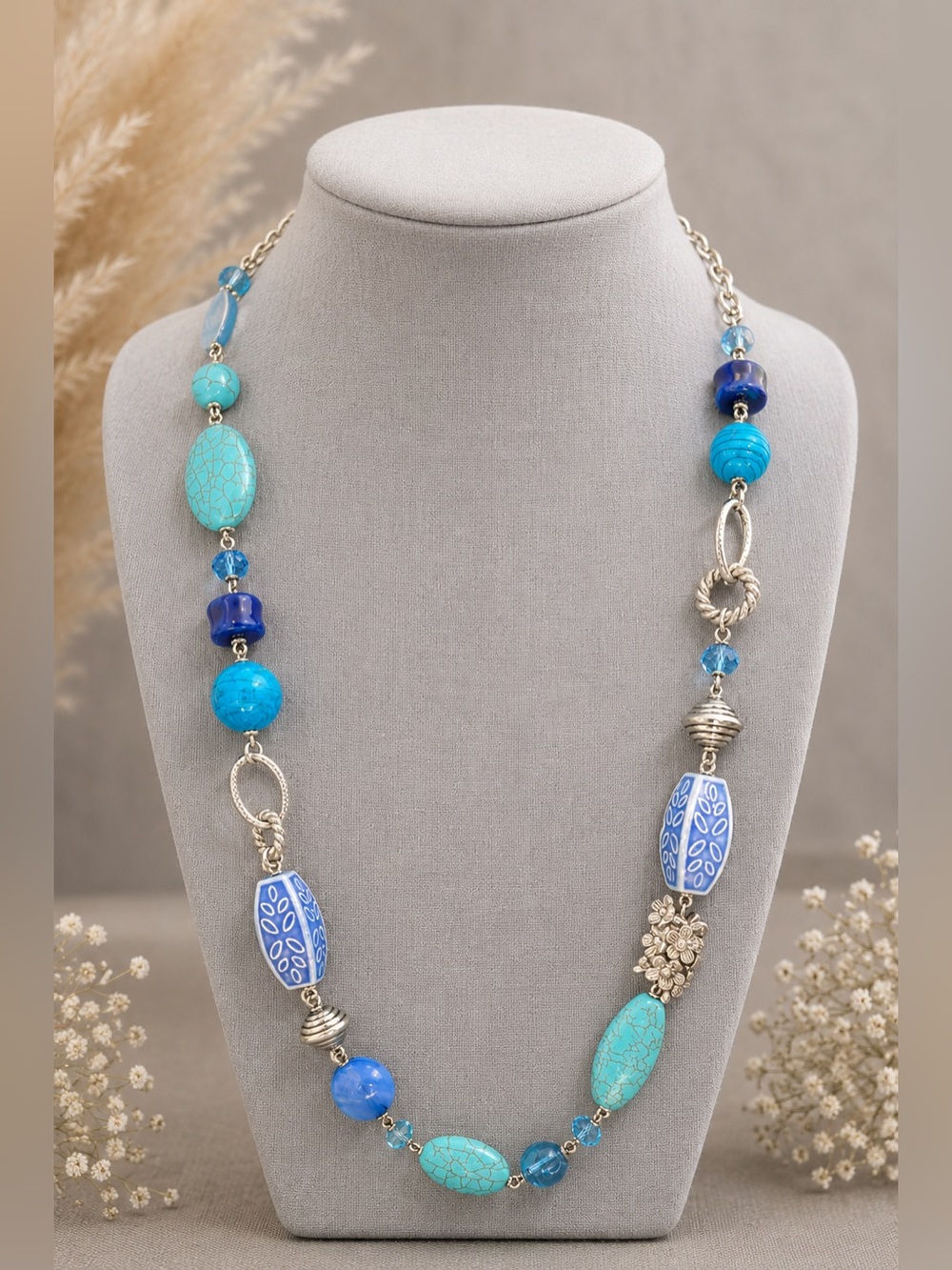 Premier Designs Blue Lagoon Turquoise Blue Colored Beaded Necklace EUC 30"+ #673